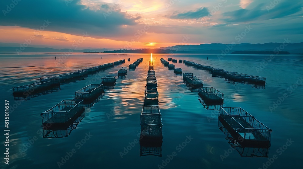 Obraz premium Coastal aquaculture scene with rows of oyster cages.