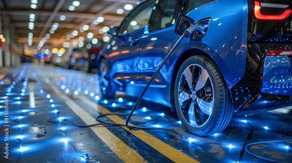 Close-up of an electric car charger in a city for eco-friendly transport using green energy.