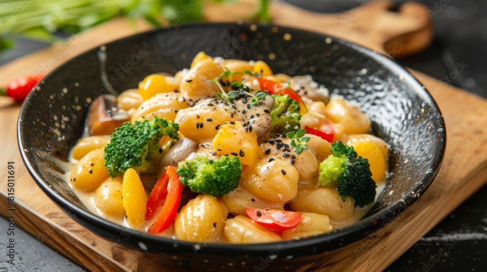 Gnocchi with cheese sauce and vegetable stir-fry. Gnocchi with cheese sauce and vegetable stir-fry.