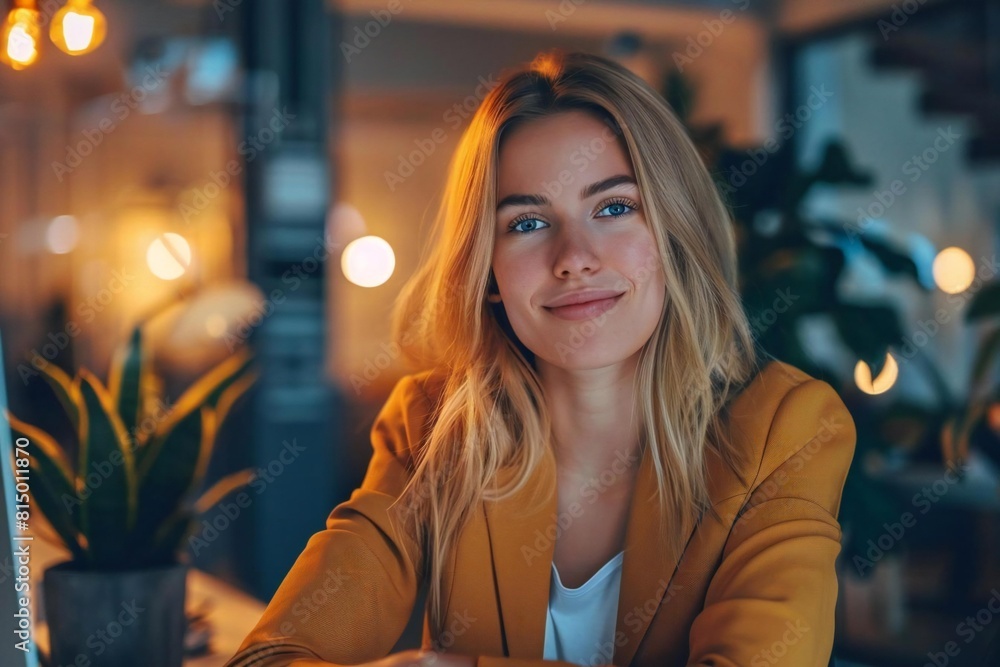 Fototapeta premium Virtual Consultation: Young Caucasian Woman Providing Customer Support via Video Call