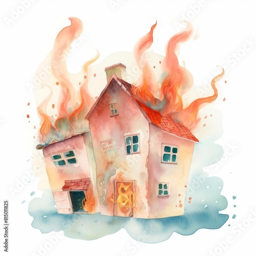 A watercolor painting of a house on fire. The house is engulfed in flames, on white background