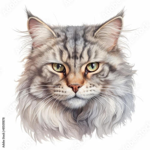 A beautiful painting of a long, fluffy fur and piercing green eyes cat head watercolor illustration