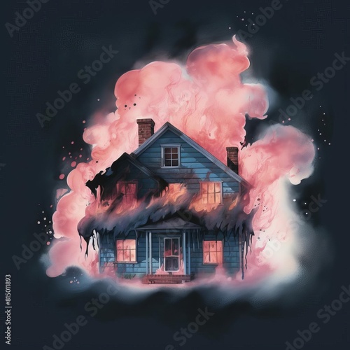 A watercolor painting of a house on fire. The house is engulfed in flames and the smoke, on black background