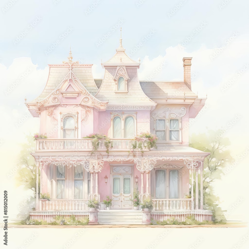 Fototapeta premium A beautiful, detailed watercolor painting of a Victorian-style house