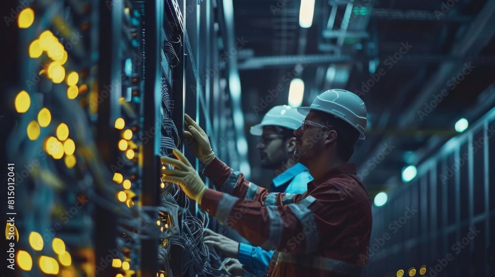 Fototapeta premium Electrical engineers configuring a server rack in an industrial data center.