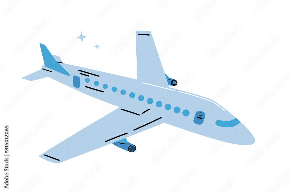 Passenger plane in flight on white background. Vector illustration of airplane in blue color