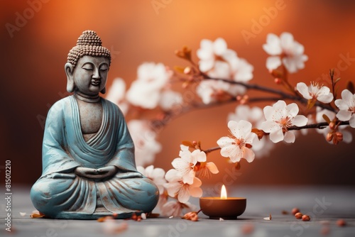 Buddha statue with flowering tree branch candles in natural background