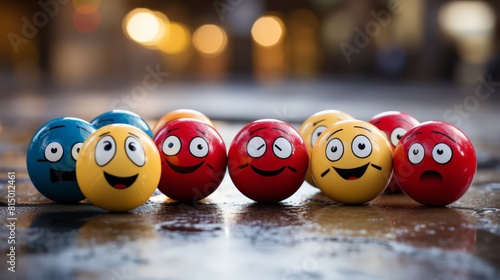 Cheerful Smiley Face Stress Balls on Shiny Black Surface