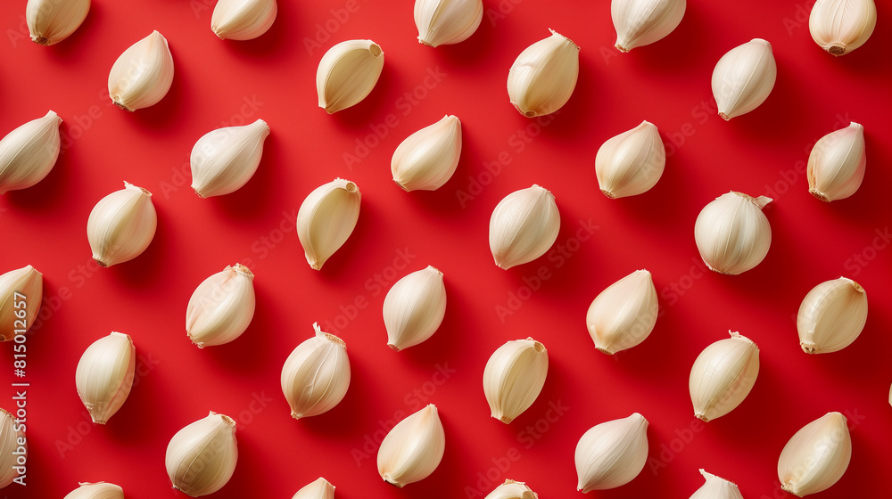 Top-down View of Garlic Pills on Red Background Top-down View of Garlic Pills on Red Background