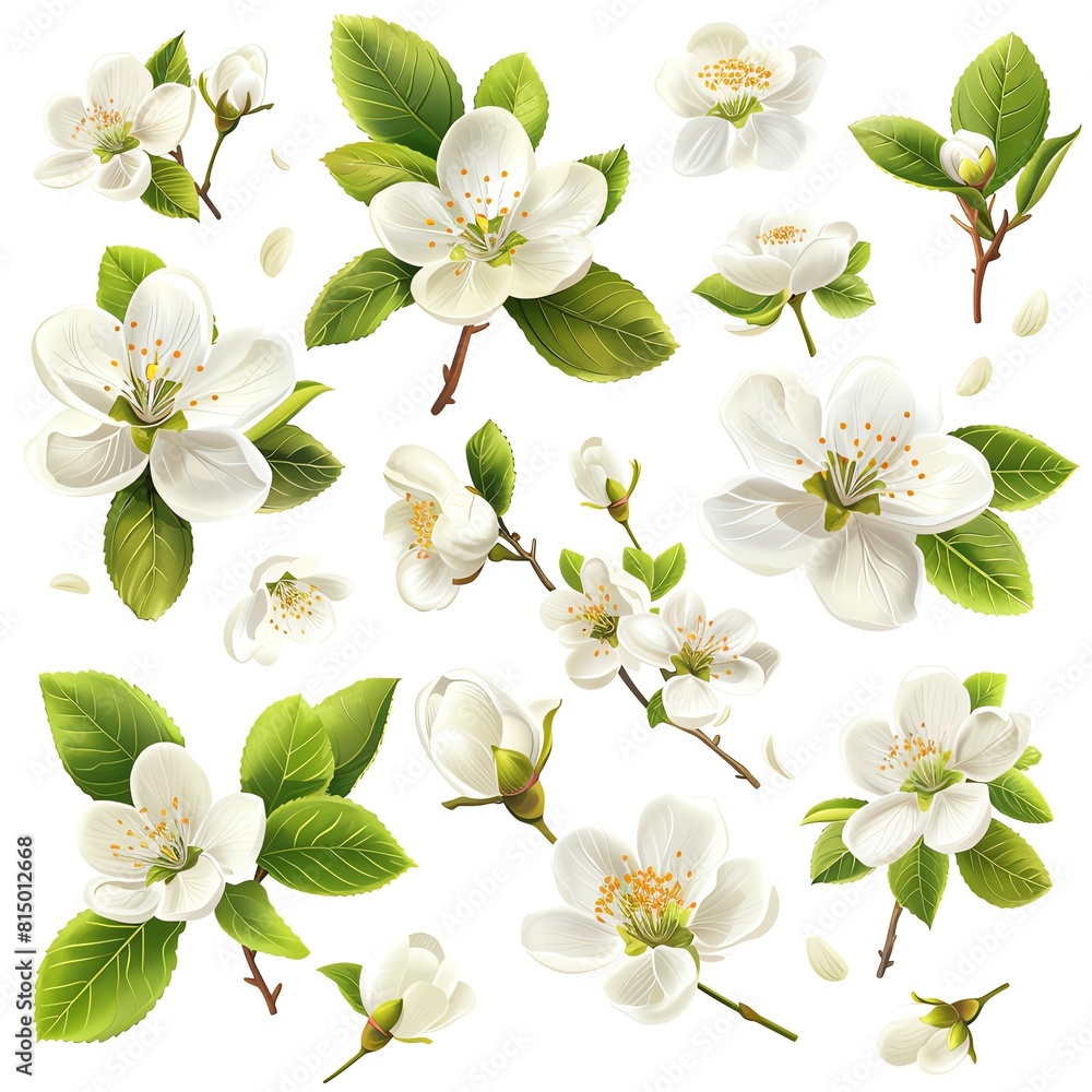 Fototapeta premium A collection of delicate spring blossoms and fresh leaves, each item isolated on white, suitable for clean and modern floral designs.
