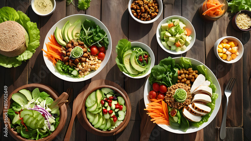 ealthy lunch table scene with nutritious Buddha bowl, lettuce wraps, vegetables, sandwiches and salad. Above view over a wood background