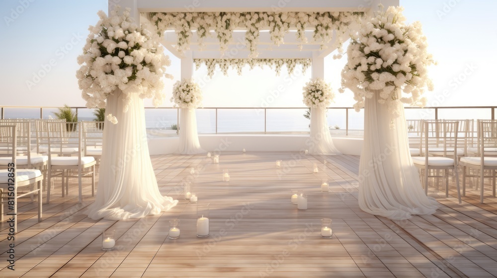 Stunning white wedding setup on the beach at sunset romantic getaway
