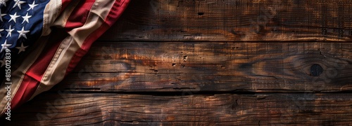 Photo of American flag on a wooden background, with copy space for text or design. Flat lay composition, top down view. USA national holiday concept.