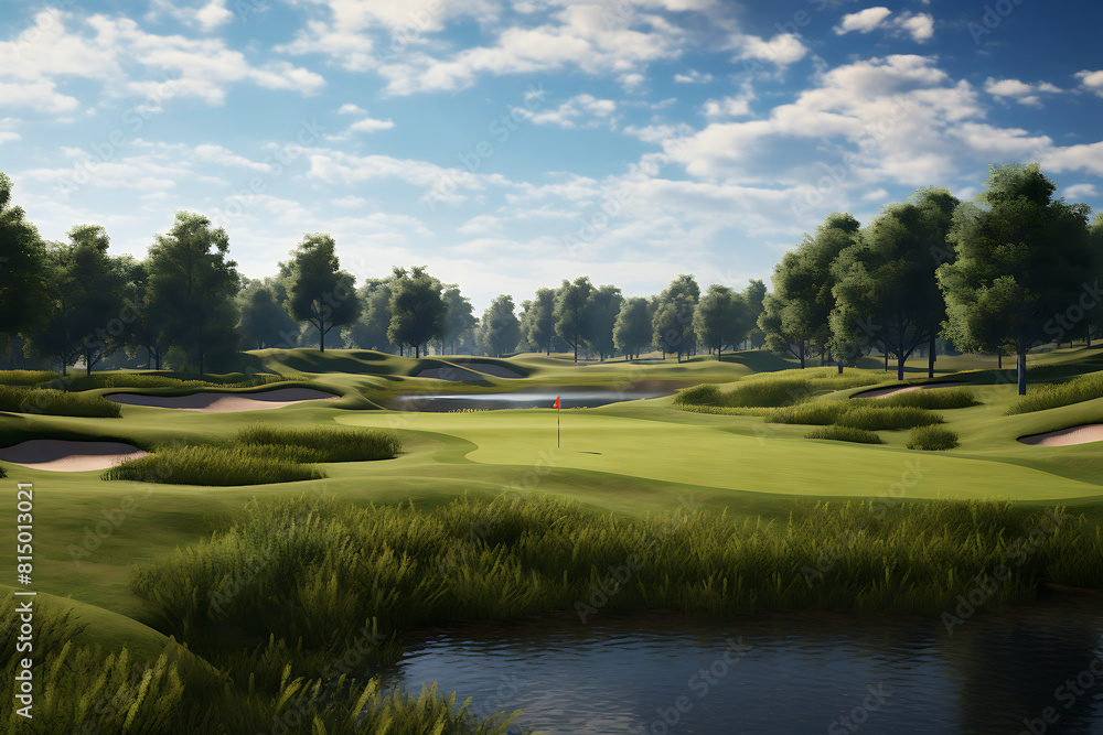 golf course with green sand and blue sky,