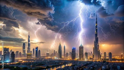 Rain pouring over Dubai s famous landmarks during a storm