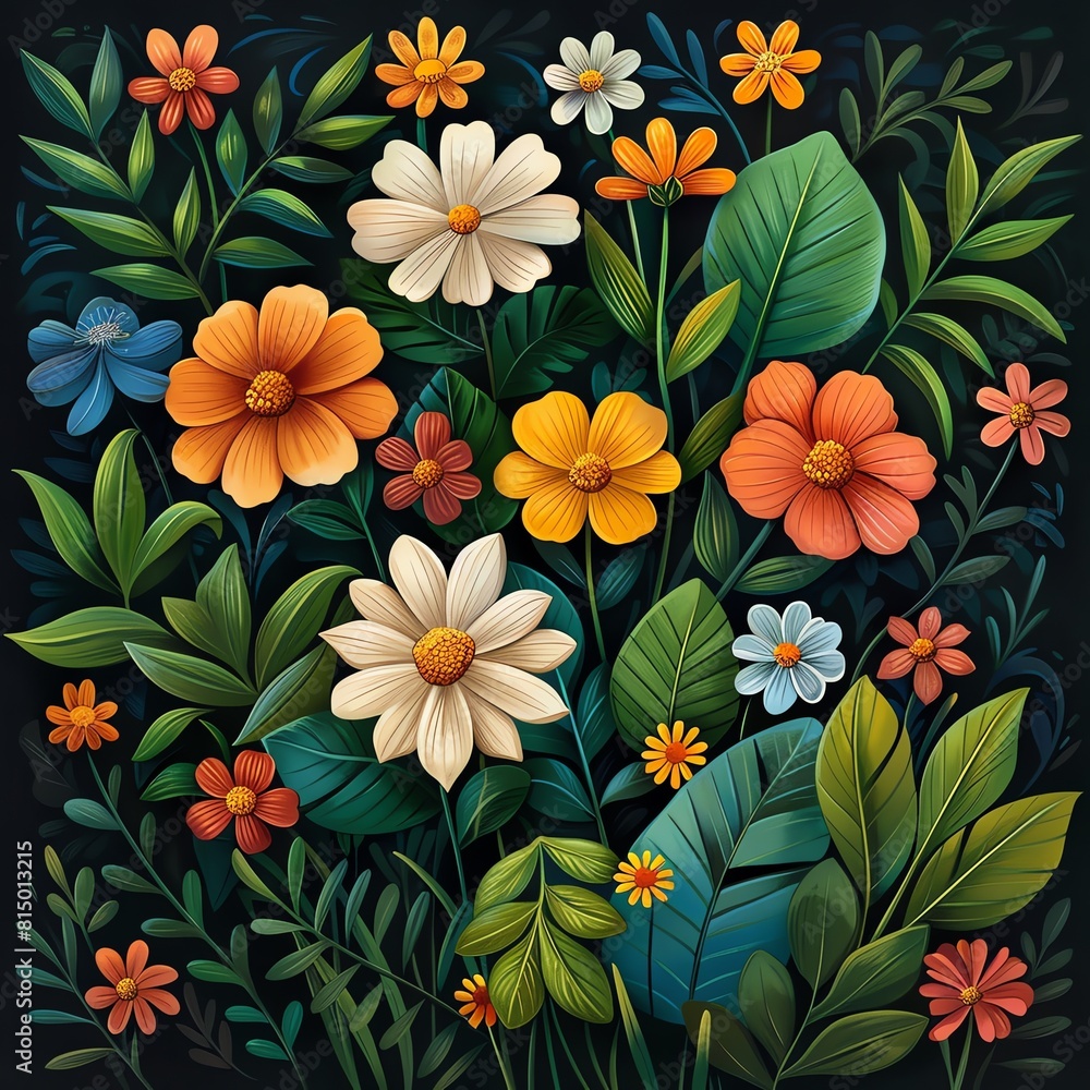 An artistic arrangement of blooming flowers and vibrant green leaves, presented as a botanical set, perfect for educational or decorative use. An artistic arrangement of blooming flowers and vibrant green leaves, presented as a botanical set, perfect for educational or decorative use.