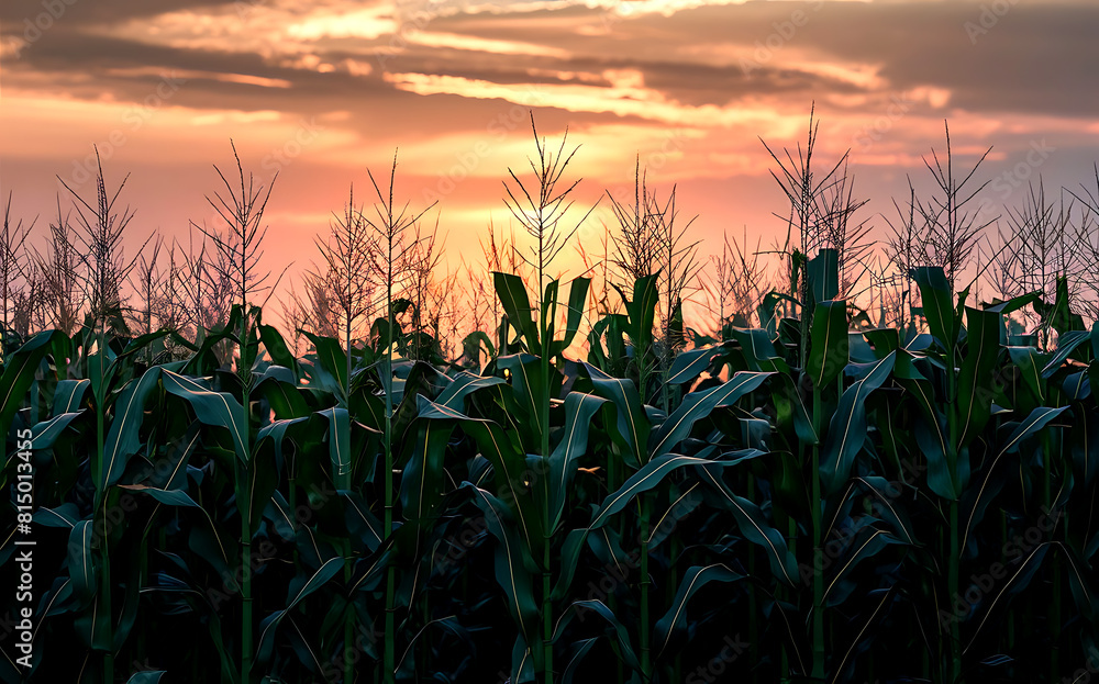 Corn Field Glows in the Warm Light of Dusk in the Countryside. Corn Field Glows in the Warm Light of Dusk in the Countryside.