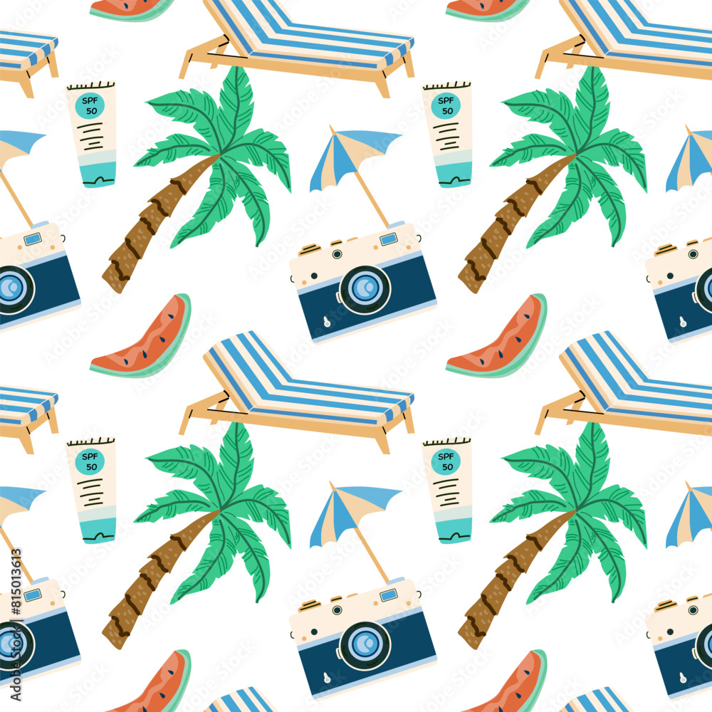 Summer vacation seamless pattern with beach elements and accessories ...