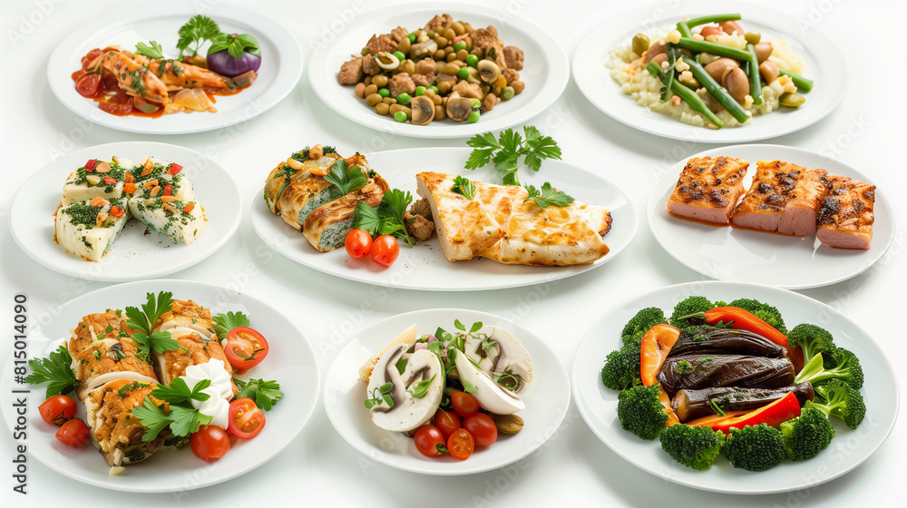 Various circular images with photographs of prepared mediterranean meals on white clean background