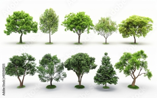 A collection of diverse isolated trees on a white background.