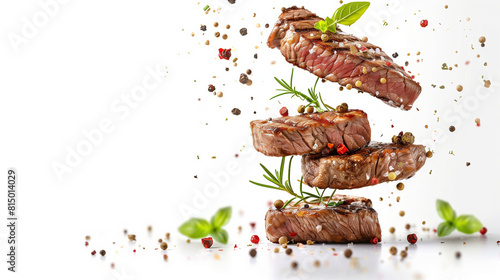 Grilled beef steaks levitate above each other with spices and herbs. frontal view. on white background photo