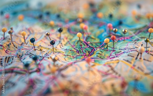 A colorful map marked with pins, highlighting intersecting routes and destinations.