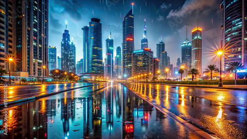 Rainy evening in Dubai with streets reflecting city lights
