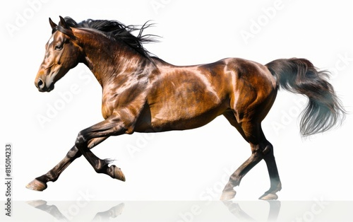 A galloping bay horse with flowing mane and tail  isolated on white.