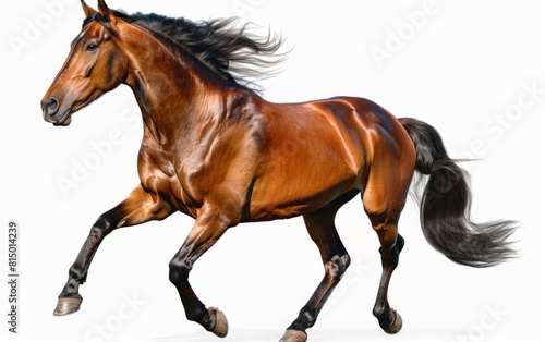 A galloping bay horse with flowing mane and tail  isolated on white.