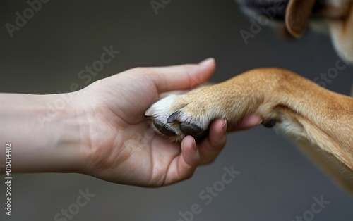 A human hand gently holding a dog s paw in tender connection.