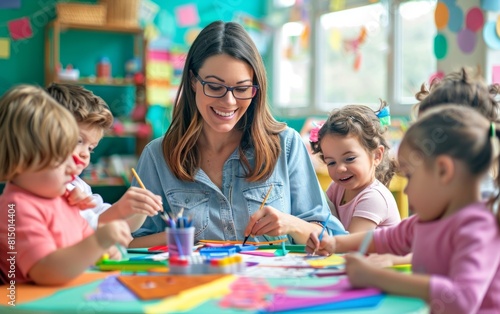 A joyful teacher crafting with young children at a colorful table.