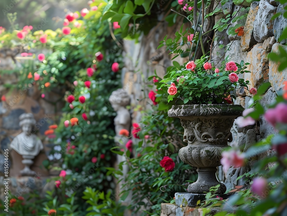 Lush and Enchanting Secret Garden Hidden Behind Stone Wall with Whimsical Sculptures and Blooming Flowers