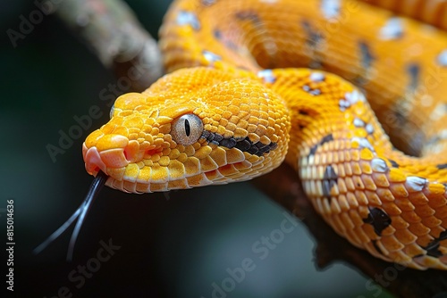 A yellow snake with black scales and tail hanging from a branch