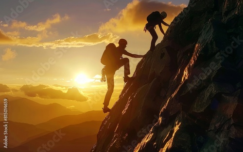 A silhouetted person helps another climb a rugged mountain at sunset.