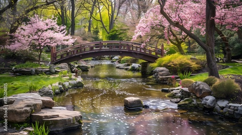 Tranquil Japanese Garden with Winding Stream and Arched Bridge Surrounded by Cherry Blossoms