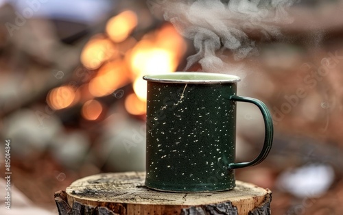 A steaming mug on a stump with a campfire in the background.