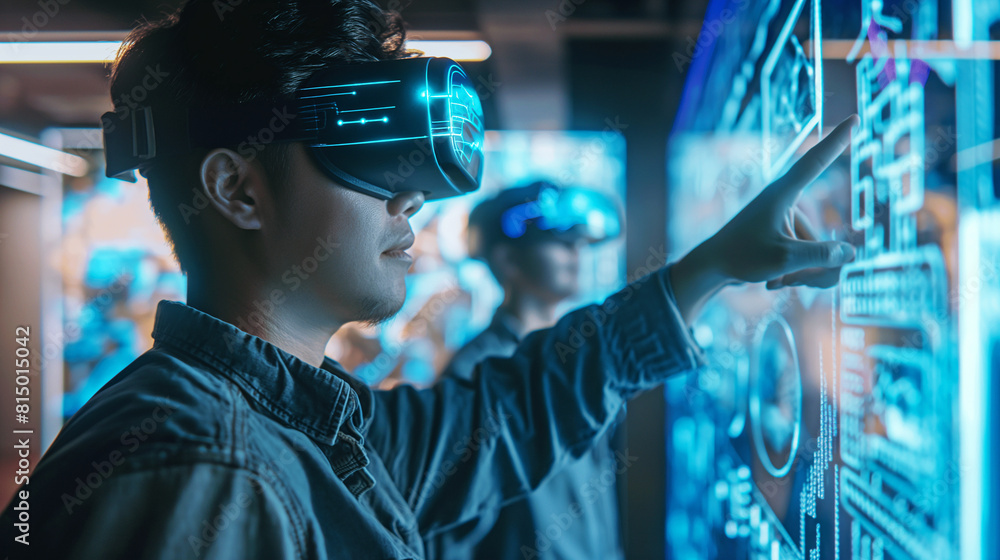 Asia man wearing casual outfit working with VR glasses virtual headset to analyze with media screen panel Asia man wearing casual outfit working with VR glasses virtual headset to analyze with media screen panel
