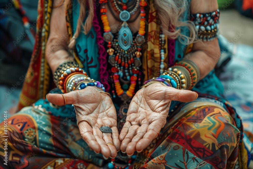 Colorful Gypsy Fortune-Teller Reading Palms with Vibrant Jewelry