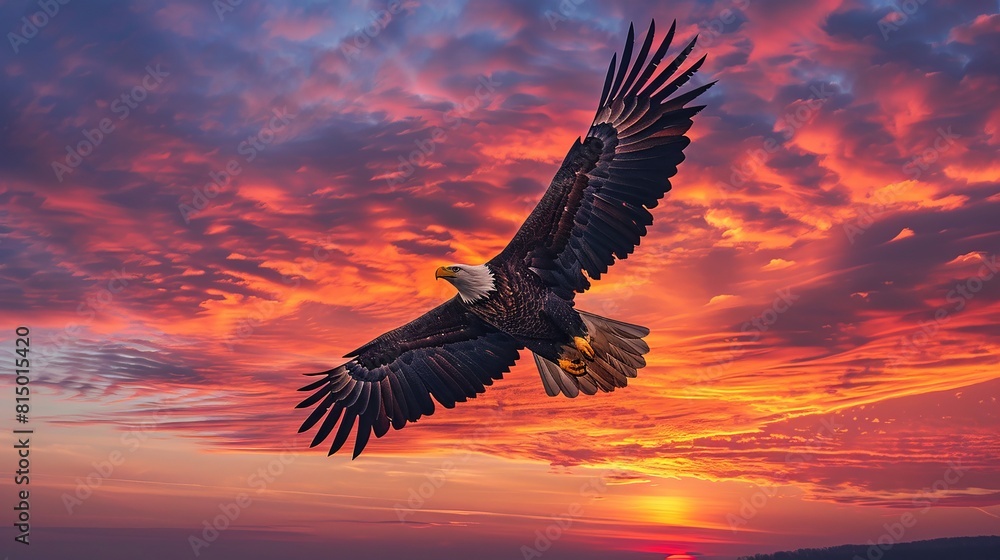 Obraz premium Eagle soaring high with prey against a vibrant sunset sky.