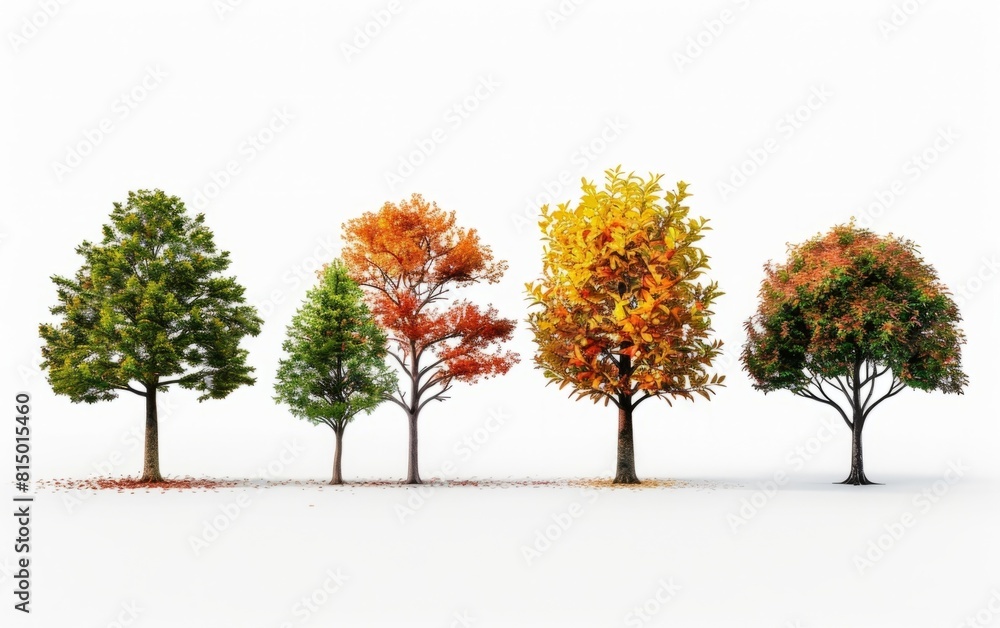 Assorted trees in different stages of foliage, isolated on white.