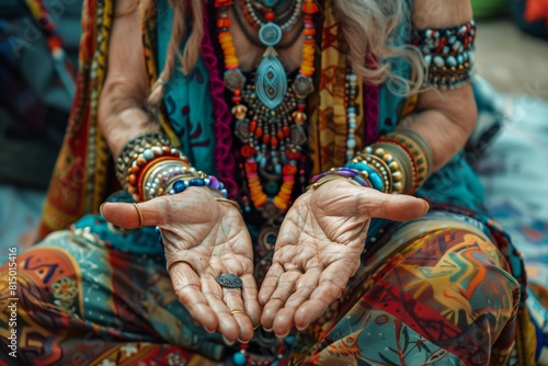 Colorful Gypsy Fortune-Teller Reading Palms with Vibrant Jewelry photo