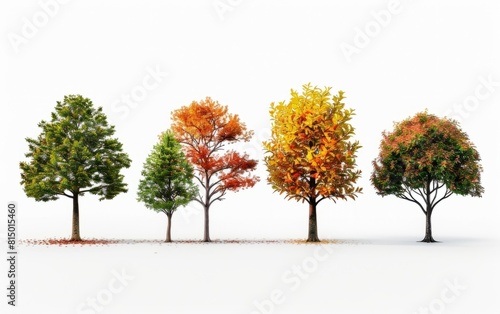 Assorted trees in different stages of foliage  isolated on white.