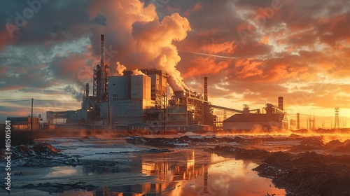 Early morning side view of a sprawling paper mill  its large structures bathed in the warm glow of sunrise  casting long shadows.