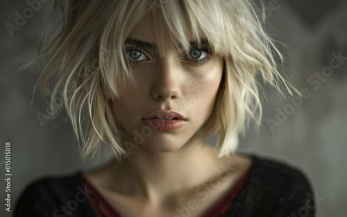 Blonde woman with shaggy bob haircut peering intensely.