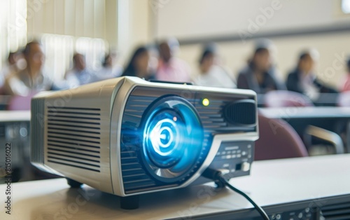 Blurry view of a projector in a classroom with attendees in background.