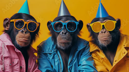 group of apes dons funky and wild mismatched colorful outfits, bringing a vibrant energy to the scene photo