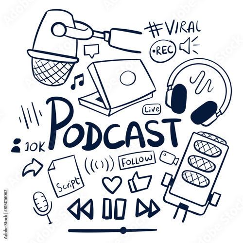 Podcast Content Creation Drawing. Hand Drawn Podcast Scribbles doodles. podcast drawings vector
