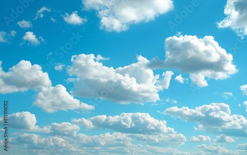 Bright blue sky dotted with fluffy white clouds.