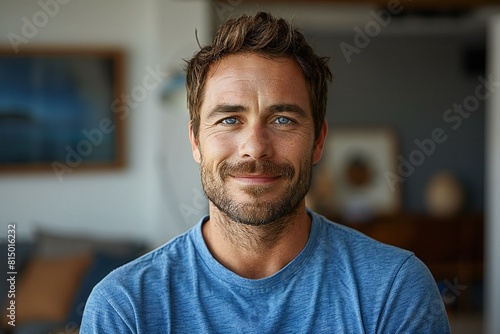 A man is smiling in a blue shirt, high quality, high resolution