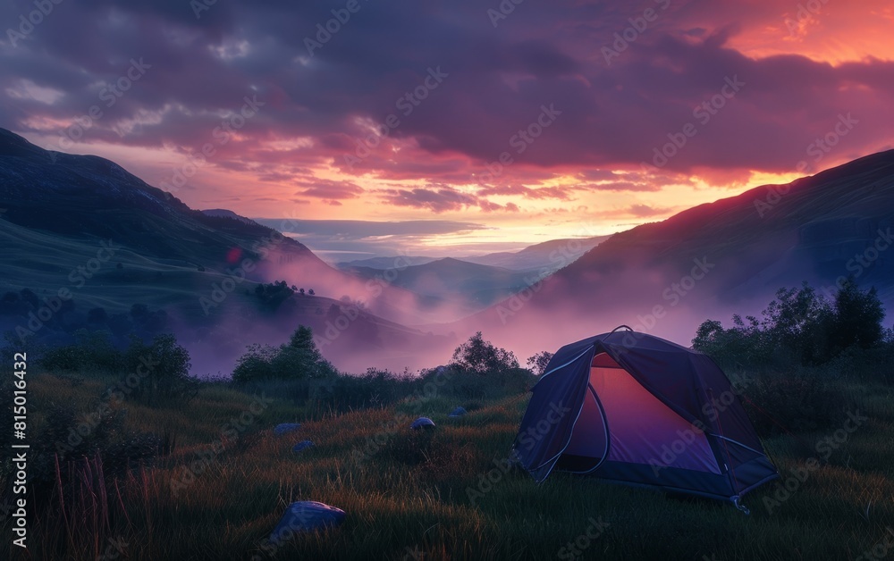 Camping at dawn beside a misty valley under a vibrant sky.